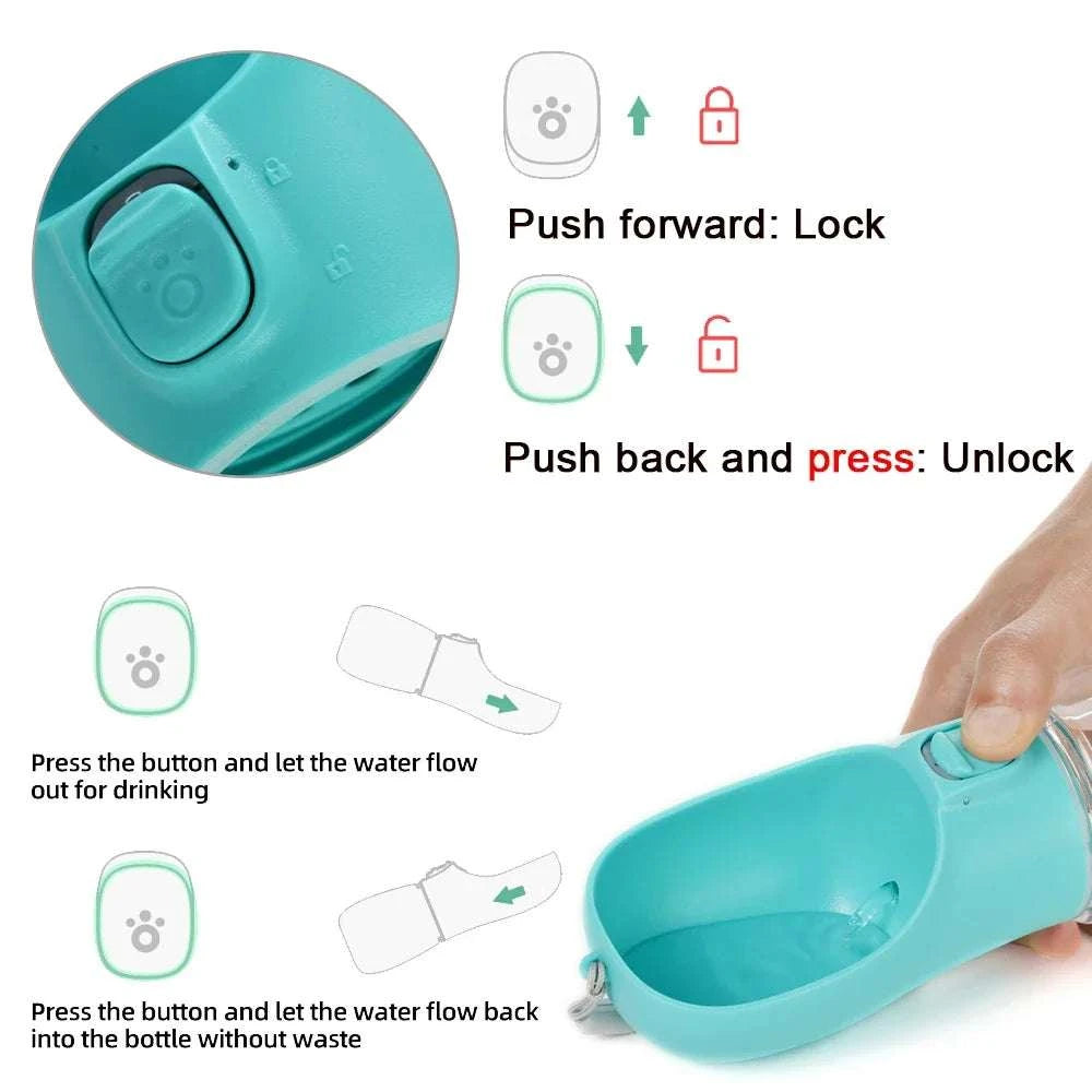 Gourde Portable Premium pour animal de compagnie avec système anti-fuite, utilisation à une main et design compact.